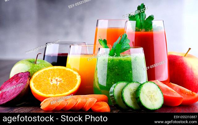 Glasses with fresh organic vegetable and fruit juices. Detox diet