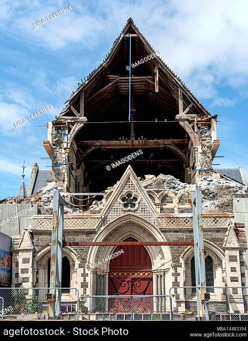 Ruin of famous Christchurch Cathedral after the earthquake of 2011, South Island of New Zealand