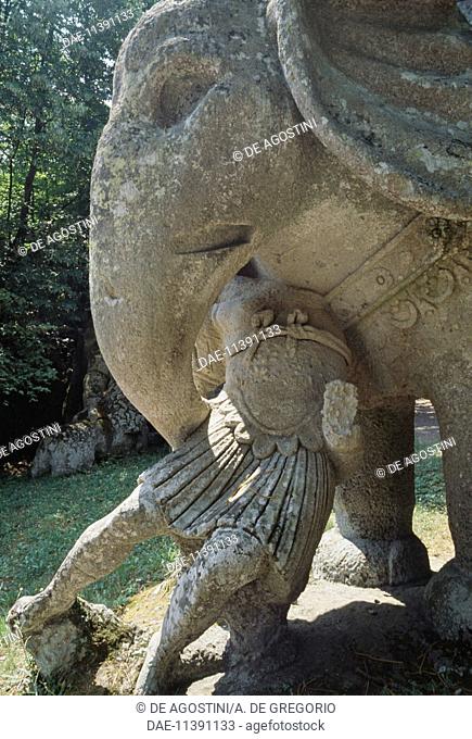 The Elephant, detail, sculpture, Park of Monsters, also known as Sacred Wood, architect Pirro Ligorio, Bomarzo, Lazio. Italy, 16th century