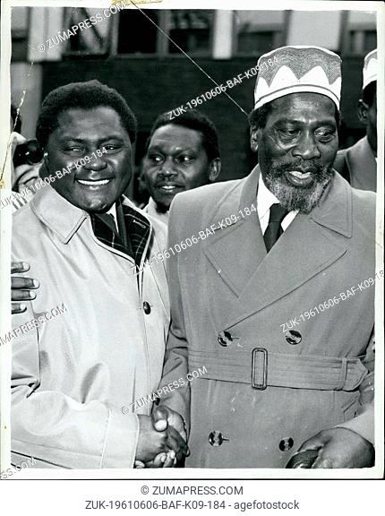 Jun. 06, 1961 - Jomo Kenyatta arrives in London. Tom M-oya meets him.: Jomo Kenyatta arrived at London Airport this morning at the head of a vooiferously...