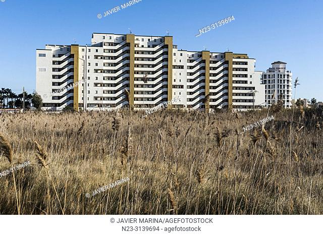 Residential buildings from the lagoon, Peñiscola, Valencia Province, Spain