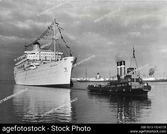 Show Ship of the London-Australia service, the 29.734-ton P and O liner Arcadia is shown setting out majestically from Tilbury, London