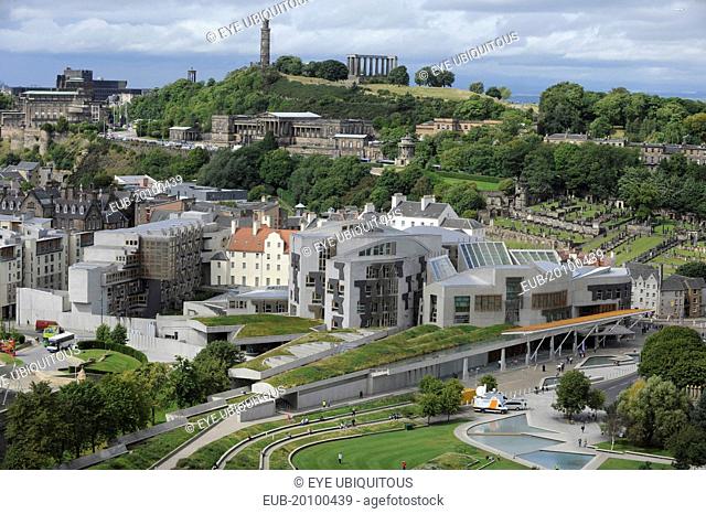 Holyrood View over the new Scottish Parliament Builldings designed by Enric Miralles with Calton hill behind