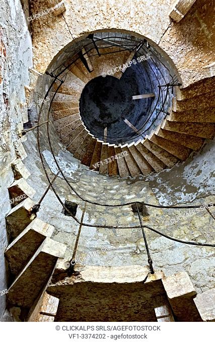 Spiral staircase of Fort Wohlgemuth. Rivoli Veronese, Verona province, Veneto, Italy, Europe