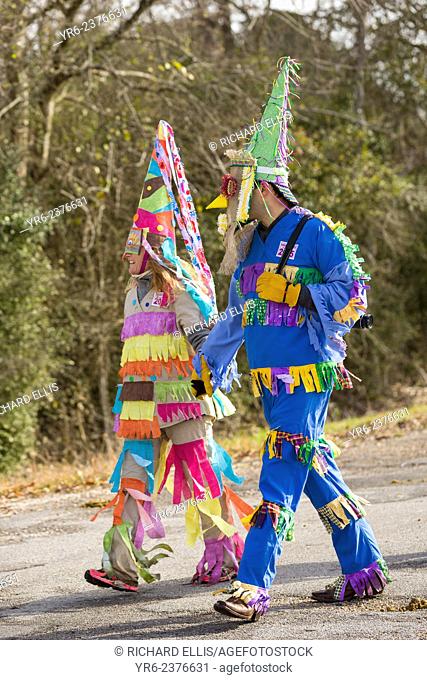 Traditional Cajun Mardi Gras costumed reveler during the Courir de Mardi Gras chicken run on Fat Tuesday February 17, 2015 in Eunice, Louisiana
