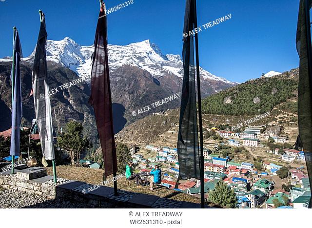 Namche Bazaar is the last town during the trek to Everest Base Camp, seen here with Kongde peak, Khumbu (Everest) Region, Nepal, Himalayas, Asia