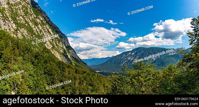 A panorama picture of the Lake Bohinj Valley as seen from Savica Waterfall