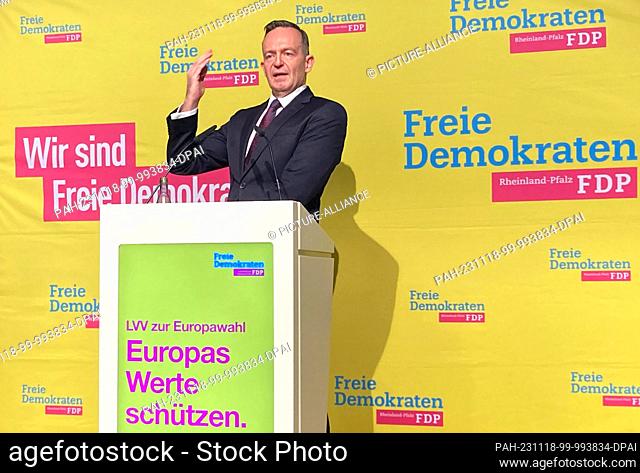 18 November 2023, Rhineland-Palatinate, Morbach: The chairman of the FDP Rhineland-Palatinate and Federal Transport Minister Volker Wissing speaks at a state...