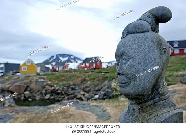 Bust of the famous Inuit drummer Milka Miilikka Kuitse, Kulusuk, East Greenland, Greenland
