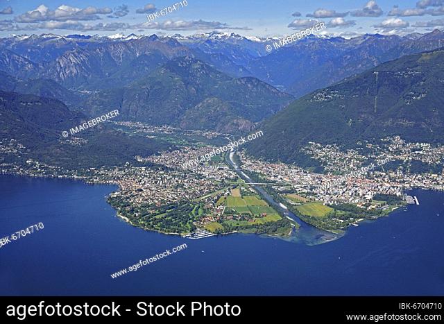 Maggia Delta with Ascona and Locarno with alpine chain at the end of Valle Maggia, Monte Gambarogno, Lago Maggiore, Ticino, Switzerland, Europe