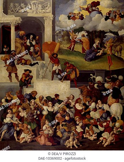 Massacre of the Innocents, 1520-1525, by Ludovico Mazzolino (ca 1480-ca 1530), panel, 135x112 cm.  Rome, Galleria Doria Pamphilj (Art Gallery)