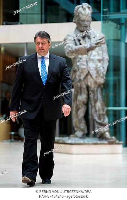 Chairman of the SPD Sigmar Gabriel arrives to deliver a statement on the death of German author Guenter Grass at Willy Brandt House in Berlin, Germany