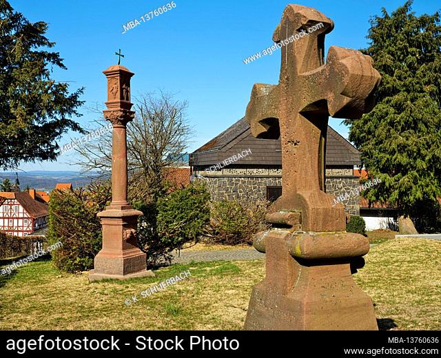 Europe, Germany, Hessen, Marburger Land, Amöneburg Basin, Geopark Vogelsberg, nature reserve, Amöneburg, rose cross and plague column on the former monastery...