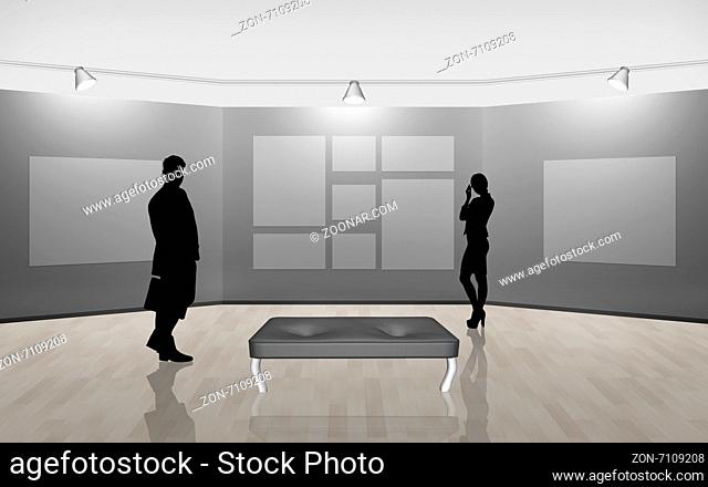 Business people walking on gallery art on grey background