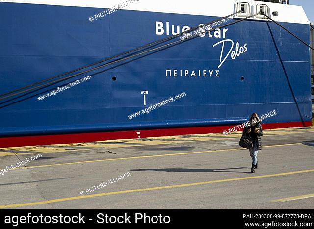 08 March 2023, Greece, Piräus: Ferries are moored in the port of Piraeus during a 24-hour strike. The umbrella organizations of Greek trade unions have called...