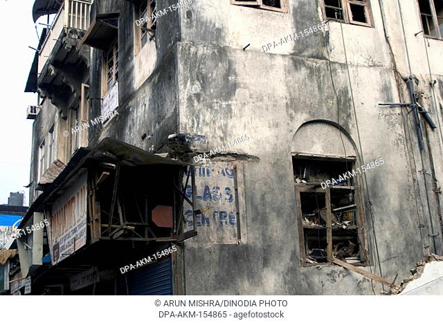 Window broken by terrorists bomb attack near Nariman house in year 2008 ; Bombay Mumbai ; Maharashtra ; India