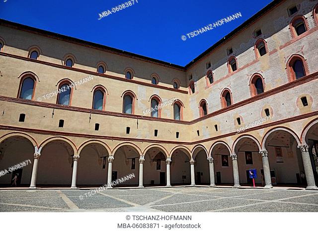 Italy, Milan (city), city centre, inner courtyard with arcades of the Castello Sforzesco