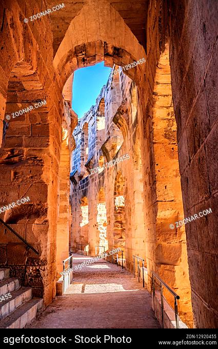 Corridor in ruins of the largest coliseum in North Africa. El Jem, Tunisia, UNESCO