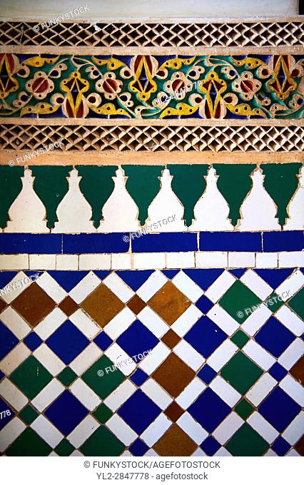 Zellige Tile decorative panels. The Petite Court, Bahia Palace, Marrakesh, Morroco