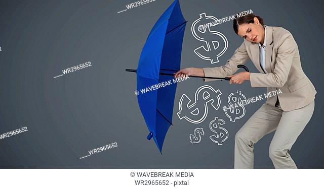 Business woman with umbrella gathering money graphics against grey background