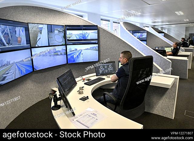 Illustration picture shows a captain operating a semi autonomic ship during a press moment for the opening of a new shore control center of Seafar, in Antwerp