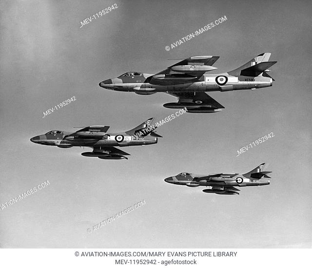 RAF 208 Squadron Hawker Hunter F-6S flying in formation on 19th March 1958 with Four Under-Wing Long-Range Fuel-Tanks During a Training Flight One Day before...
