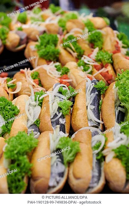 18 January 2019, Berlin: Rolls topped with fish are on display for tasting at the Green Week. Photo: Annette Riedl/dpa-Zentralbild/ZB