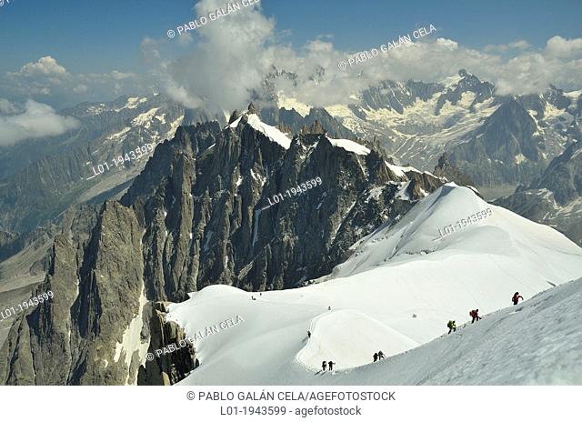 Mountaineers near the Aiguille du Midi. Chamonix Valley, French Alps