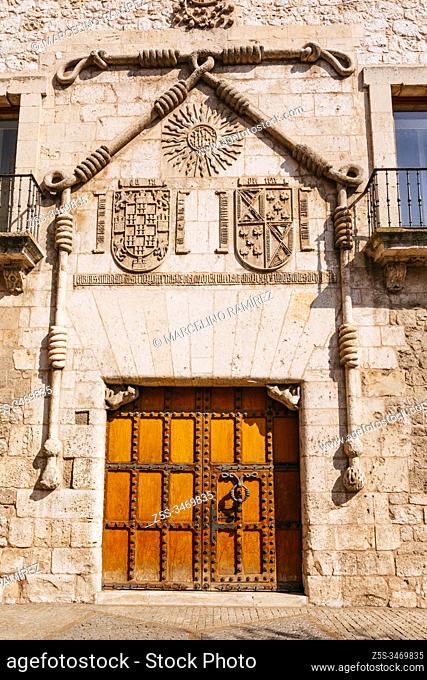 Front door facade. Palacio de los Condestables de Castilla, popularly known as Casa del Cordón, is a 15th-century palace that stands in the historic center of...