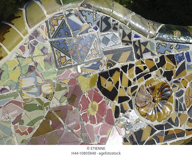 art, Europe, Barcelona, bench, ceramics, Gaudi, mosaic, park Guell, seat, skill, Spain