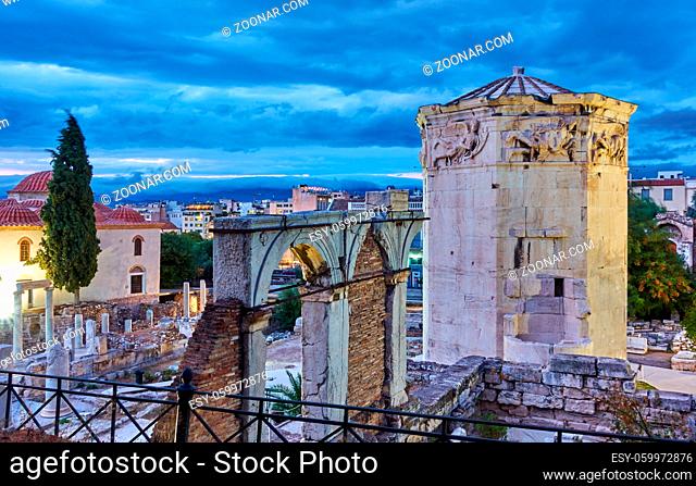 Roman Agora with the Tower of the Winds in the old town of Athens at twilight, Greece