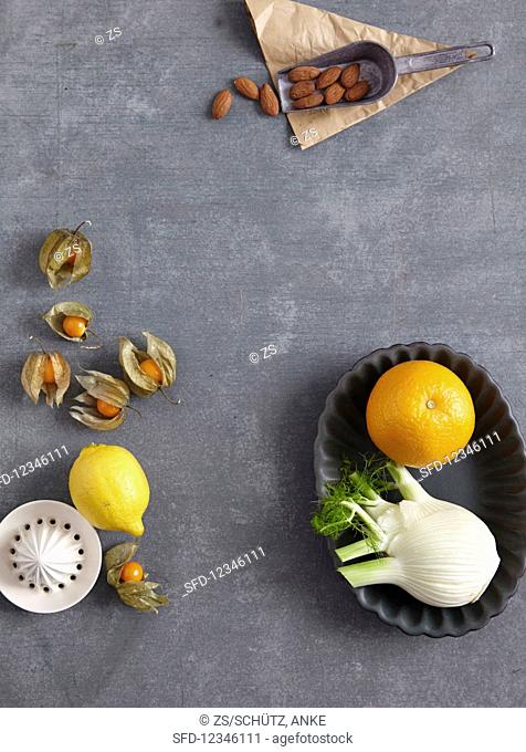 Lemon, physalis, almonds, orange, and fennel