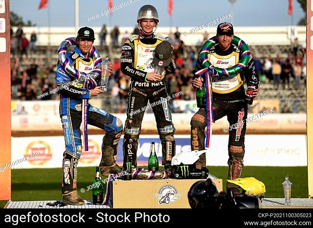 Motorcycle speedway riders L-R Jason Doyle from Australia, Patryk Dudek from Poland and Timo Lahti from Finland, on the podium during the Golden Helmet of...