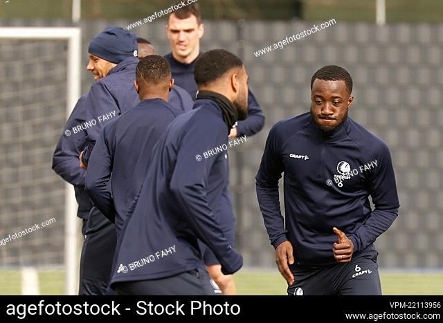 Gent's Elisha Owusu pictured during a training session of KAA Gent, ahead of the return leg of the a UEFA Conference League 1/8 finals match between Belgian...