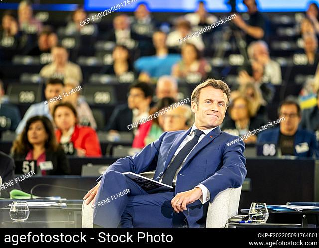 French President Emmanuel Macron reacts during the Conference on the Future of Europe held in European Parliament in Strasbourg, France on May 9, 2022