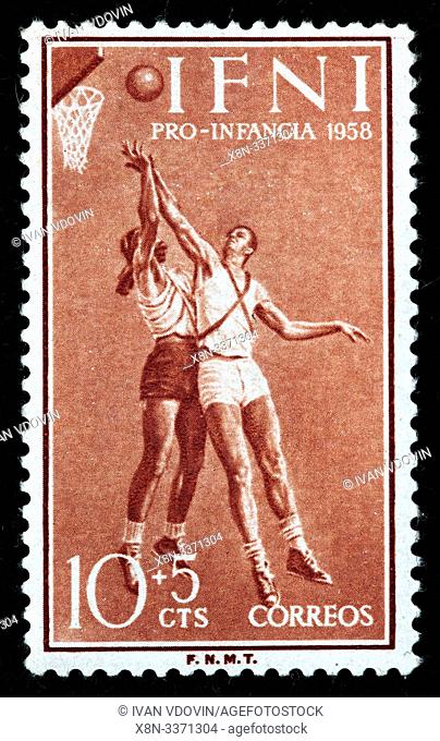 Basketball, postage stamp, Spain, IFNI, 1958