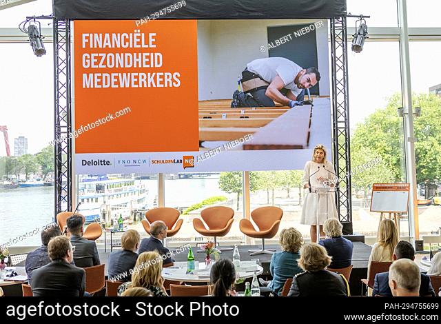 Queen Maxima of The Netherlands at Deloitte in Rotterdam, on June 23, 2022, to attend a conference on the importance of employee financial health in business...