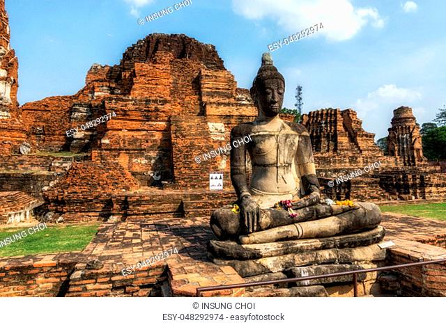 Wat Mahathat Prang and ruins scenery in Ayutthaya, Thailand