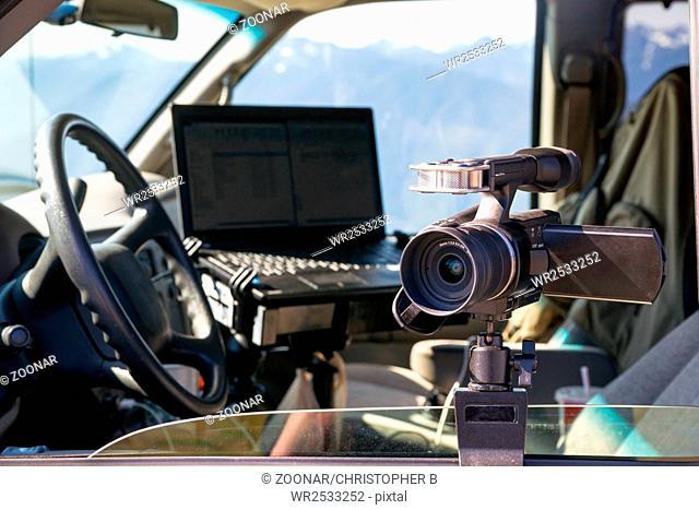 Photographers Gear Van Cockpit Professional Jounalist Video Camera Laptop Computer
