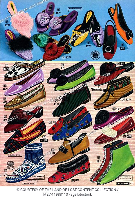 neckermann autumn winter catalogue 1967-68 - 1960s, catalogue page, various styles of slippers, traditional, folk, footwear, illustrations263