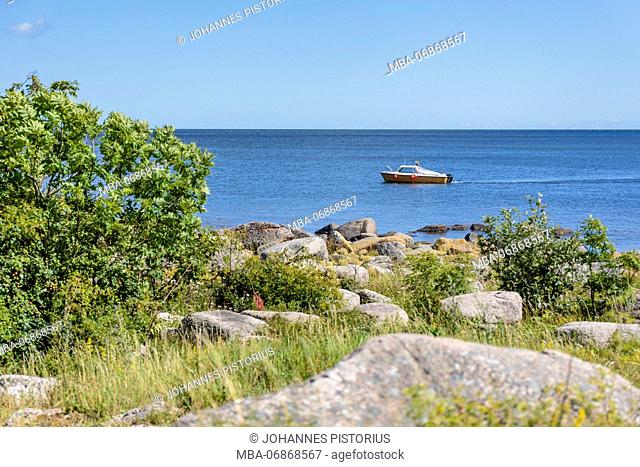 Fishing boat in front of the east coast of Bornholm south of Årsdale, Europe, Denmark, Bornholm