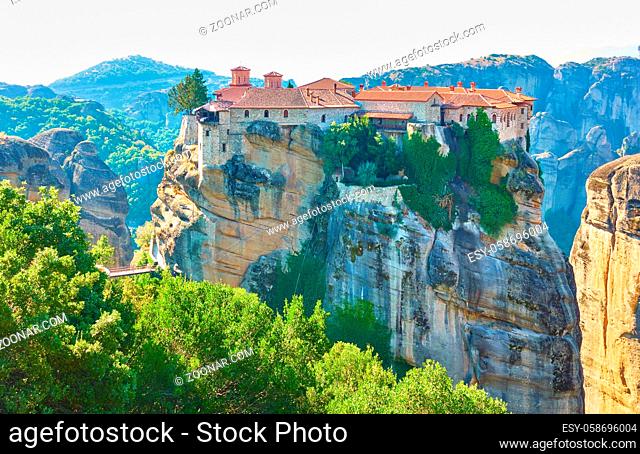The Holy Monastery of Varlaam on the top of rock in Meteora in the morning, Kalabaka, Greece - Greek landscape