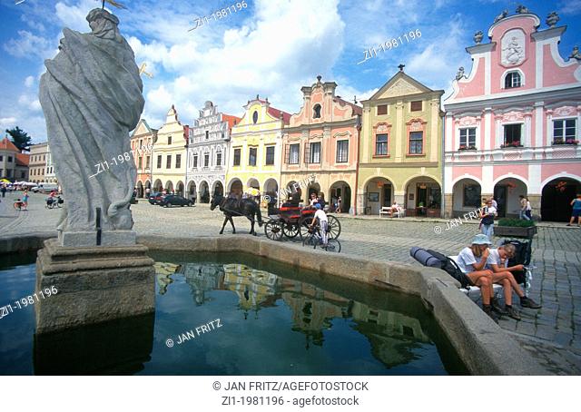 the historic centre of Telc with fountain in Czech