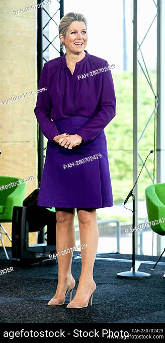 Queen Maxima of The Netherlands at the Kunsthal in Rotterdam, on March 28, 2022, to open the 11th edition of Week van het geld (Money Week)