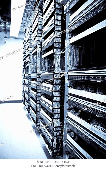 A shot of servers and hardware in an internet data center