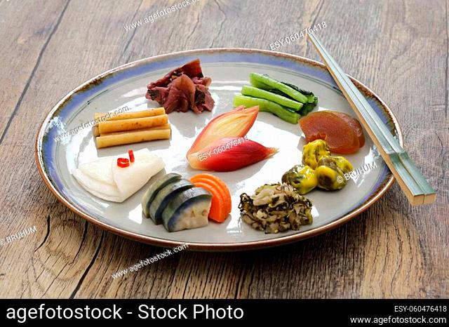 Japanese pickles (Tsukemono) assortment, traditional fermented food