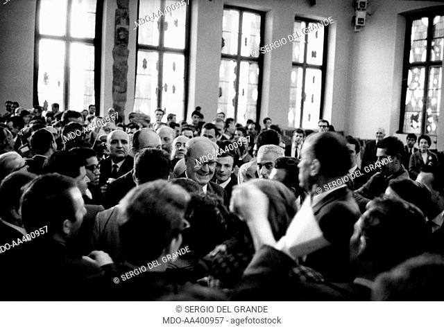 Giuseppe Saragat smiling at the crowd during a diplomatic journey in Germany. The President of the Italian Republic Giuseppe Saragat smiling at the crowd during...