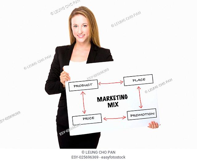 Businesswoman holding with a placard showing marketing mix concept
