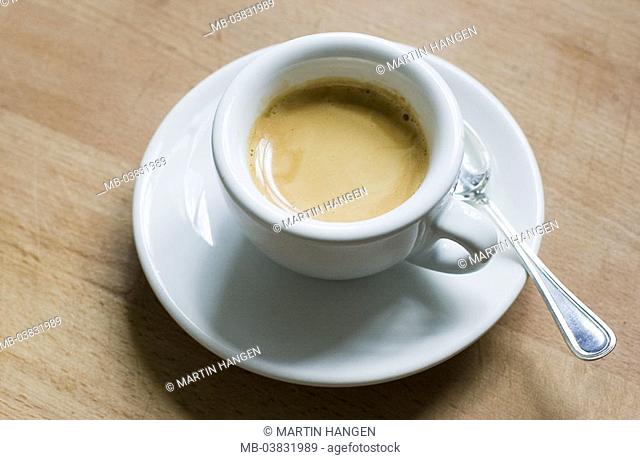 Espressotasse, Espresso,  Quietly life,   Studio, table, wood, cup, saucer, spoon, coffee spoon, coffee, small, black, strong, Italian, foam, Crema, porcelain