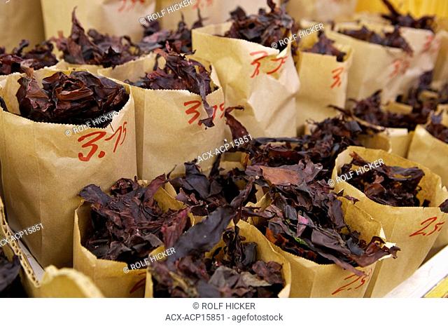 Fresh Dulse sea vegetable at a market stall the City Market building in downtown Saint John, Bay of Fundy, Fundy Coastal Drive, Highway 1, New Brunswick, Canada